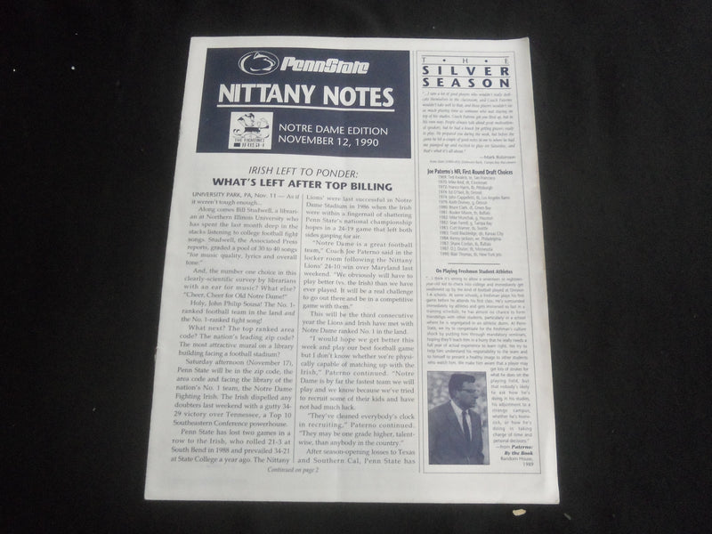 1990 NOVEMBER 17 FOOTBALL PROGRAM - NOTRE DAME UNIV VS PENN STATE UNIV - B 5534P