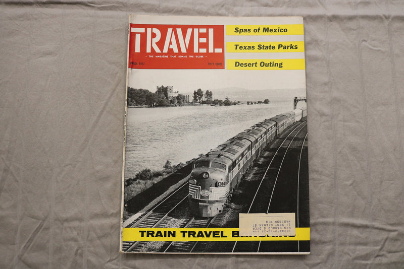 1957 MARCH TRAVEL MAGAZINE - TRAIN TRAVEL BARGAINS COVER - B 454L