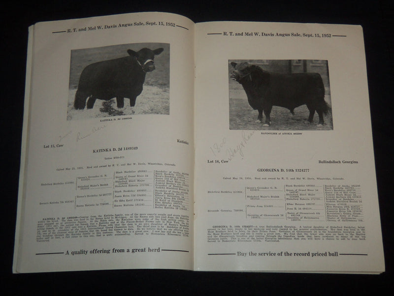 1952 R. T. & MEL DAVIS PRODUCTION CATTLE SALE CATALOG - WHEATRIDGE CO - J 9219