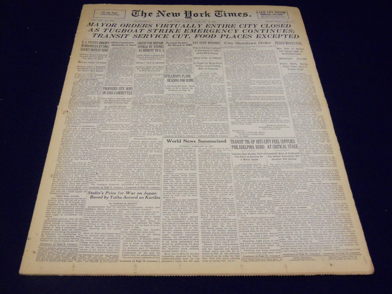 1946 FEB 12 NEW YORK TIMES MAYOR ORDERS VIRTUALLY ENTIRE CITY CLOSED - NT 893