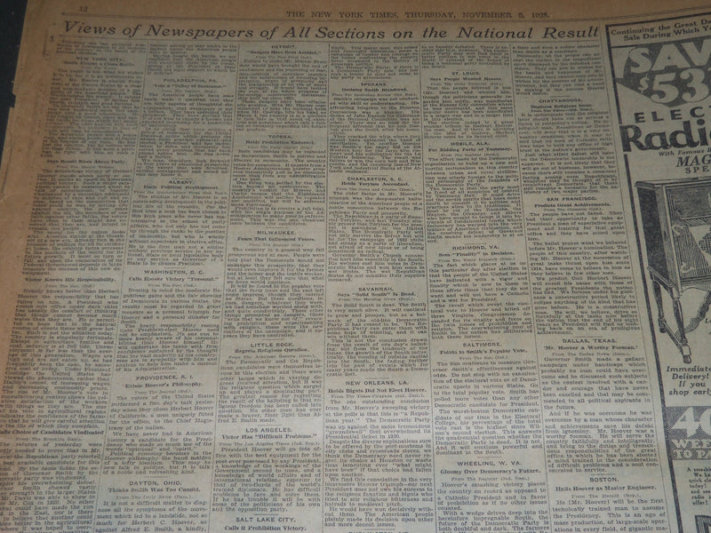 1928 NOVEMBER 8 NEW YORK TIMES - HOOVER WINS ALL BUT EIGHT STATES - NT 6930