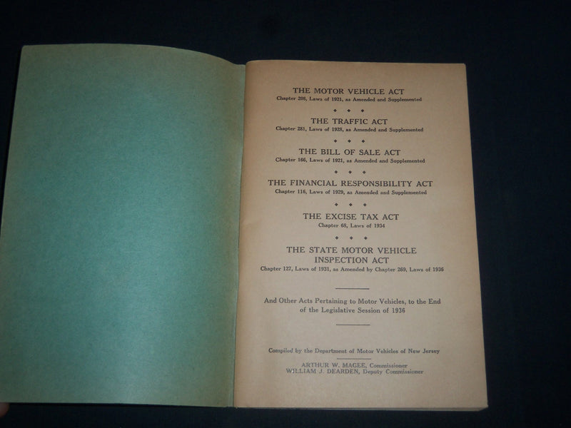 1936 NEW JERSEY MOTOR VEHICLE ACTS SOFTCOVER BOOK BY NJ DMV - MAGEE - J 3983