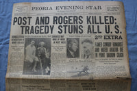 1935 AUGUST 16 PEORIA EVENING STAR NEWSPAPER - POST AND ROGERS KILLED - NP 9224