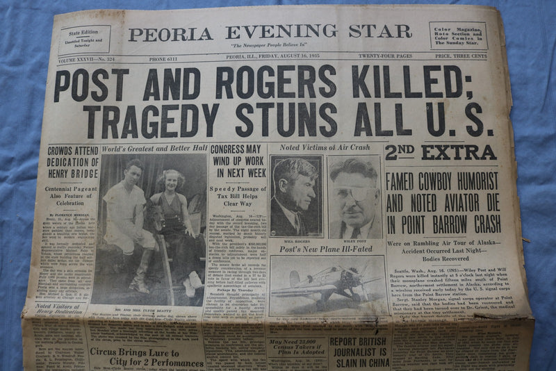1935 AUGUST 16 PEORIA EVENING STAR NEWSPAPER - POST AND ROGERS KILLED - NP 9224