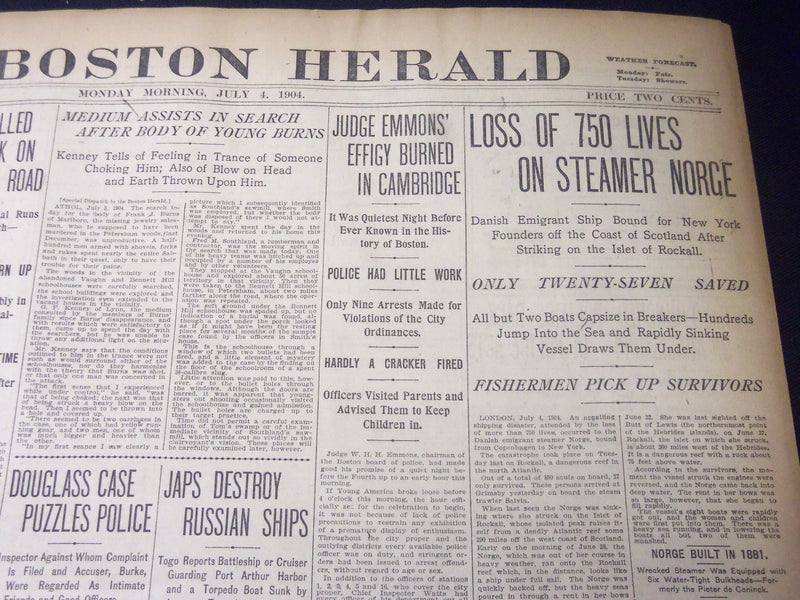 1904 JULY 4 THE BOSTON HERALD - 750 LIVES LOST ON STEAMER NORGE - BH 45
