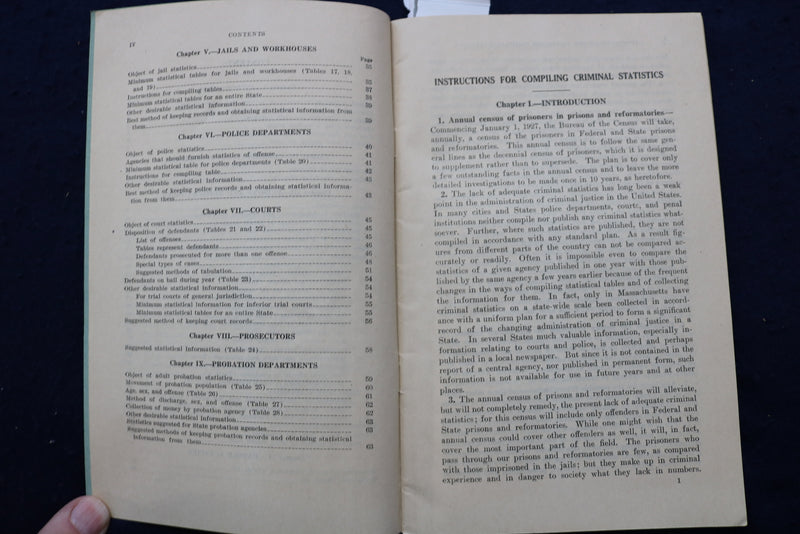 1927 INSTRUCTIONS FOR COMPILING CRIMINAL STATISTICS SOFTCOVER BOOK - K 915