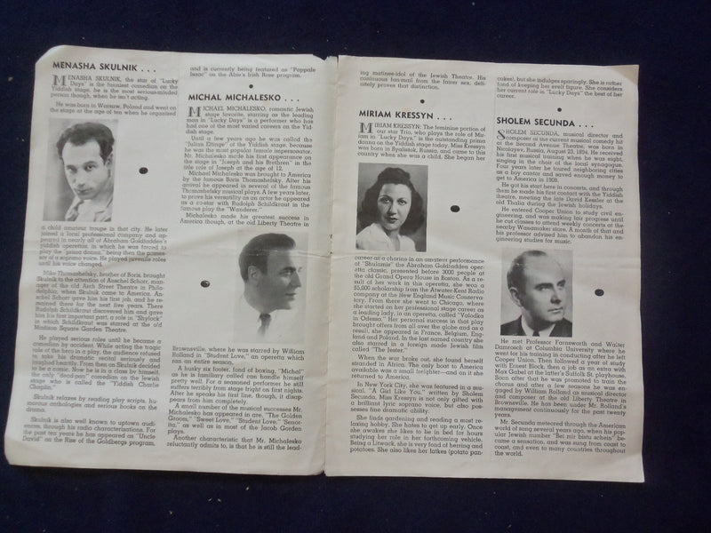 1943-1944 LUCKY DAYS - SECOND AVENUE THEATRE - PROGRAM - MENASHA SKULNIK -J 9417