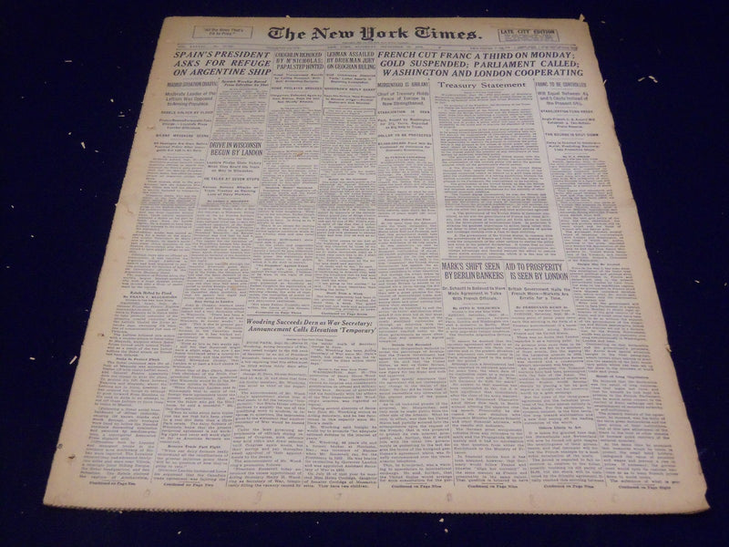 1936 SEPT 26 NEW YORK TIMES - SPANISH PRESIDENT ASKS FOR REFUGE ON SHIP- NT 2075