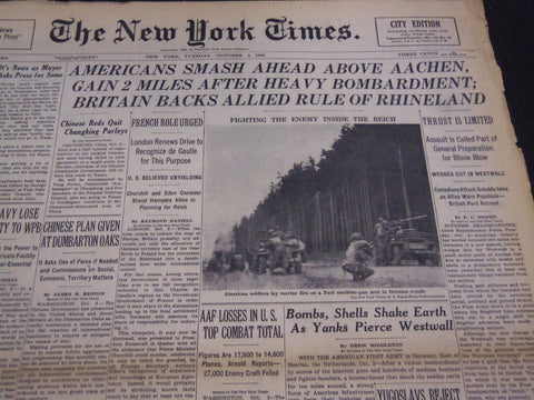 1944 OCTOBER 3 NEW YORK TIMES - AMERICANS SMASH AHEAD ABOVE AACHEN - NT 4337
