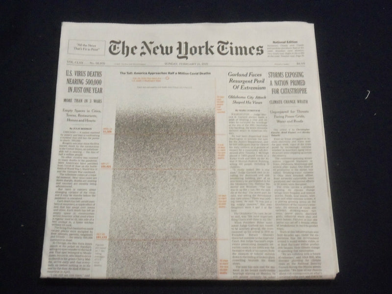 2021 FEBRUARY 21 NEW YORK TIMES - U.S. VIRUS DEATHS NEARING 500,000 IN ONE YEAR