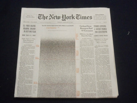 2021 FEBRUARY 21 NEW YORK TIMES - U.S. VIRUS DEATHS NEARING 500,000 IN ONE YEAR