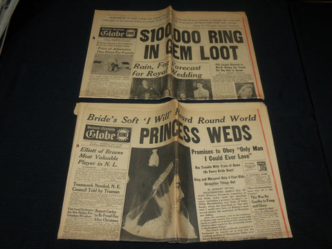 1947 NOVEMBER 19-20 BOSTON GLOBE NEWSPAPER LOT OF 2 - ROYAL WEDDING - NP 4251H