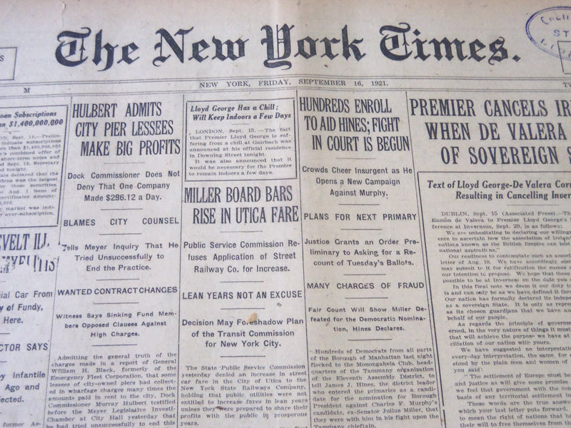 1921 SEPTEMBER 16 NEW YORK TIMES - F. D. ROOSEVELT ILL OF POLIOMYELITIS- NT 5480