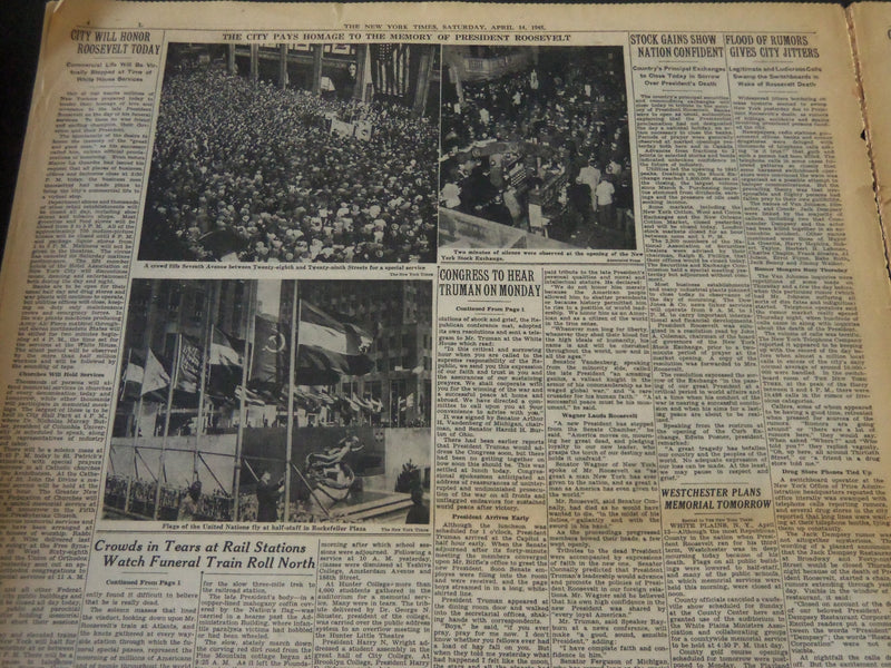 1945 APRIL 14 NEW YORK TIMES - ROOSEVELT RITES IN WHITE HOUSE TODAY - NT 5999