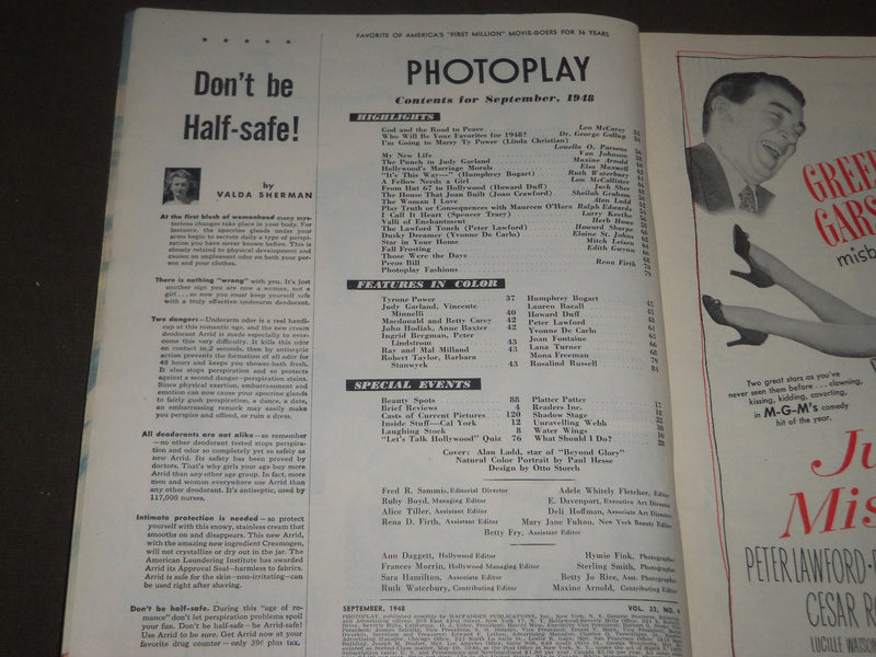1948 SEPTEMBER PHOTOPLAY MOVIE MAGAZINE - ALAN LADD COVER - NICE ADS - M 127