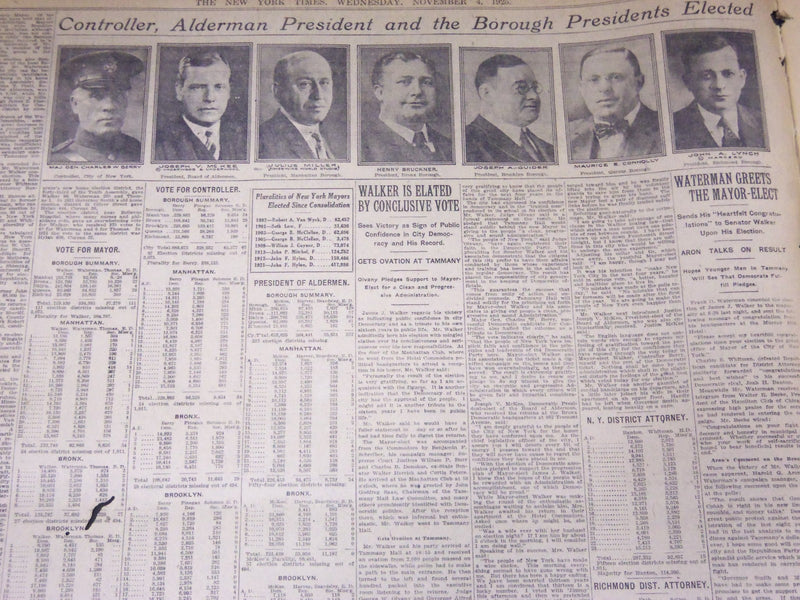 1925 NOV 4 NEW YORK TIMES - WALKER BY 400,000 WINS EVERY BOROUGH - NT 5111