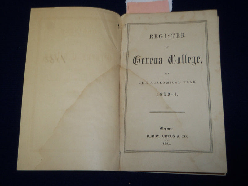 1850-1851 REGISTER OF GENEVA COLLEGE - SOFTCOVER - J 4572