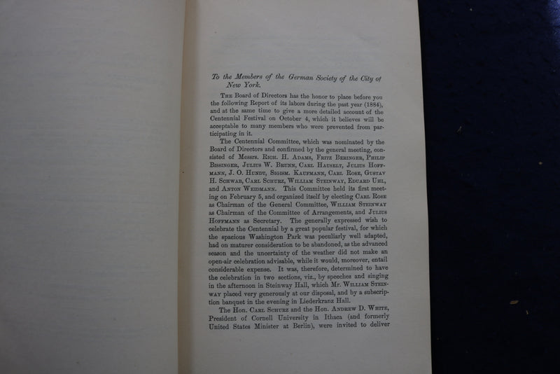 1885 JANUARY THE GERMAN SOCIETY OF NEW YORK - ANNUAL REPORT - SOFTCOVER - K 995