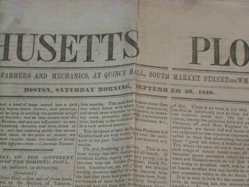 1849 SEPTEMBER 29 MASSACHUSETTS PLOUGHMAN NEWSPAPER- VICTOR HUGO SPEECH- NP 5173