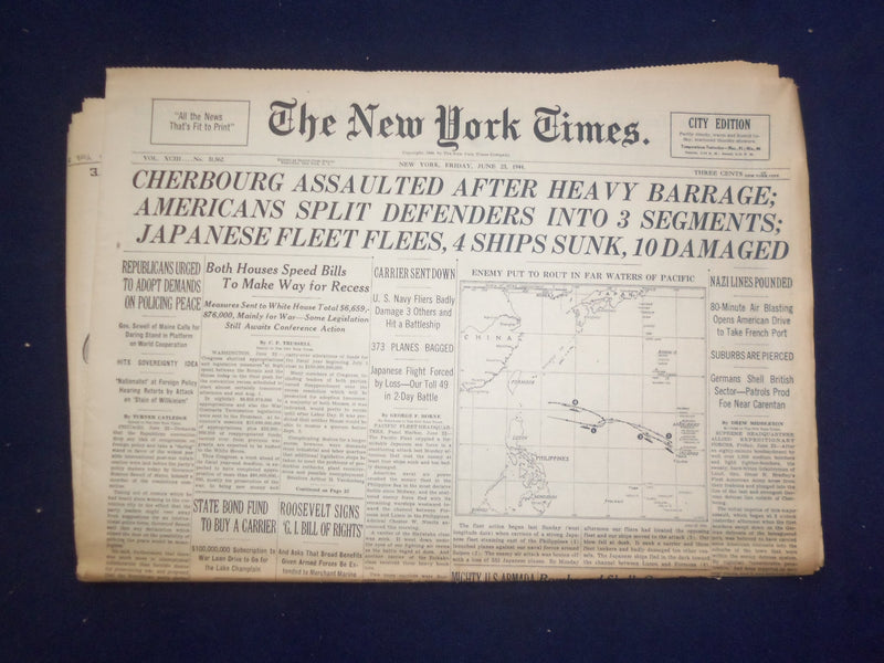 1944 JUNE 23 NEW YORK TIMES - CHERBOURG ASSAULTED AFTER HEAVY BARRAGE - NP 6575