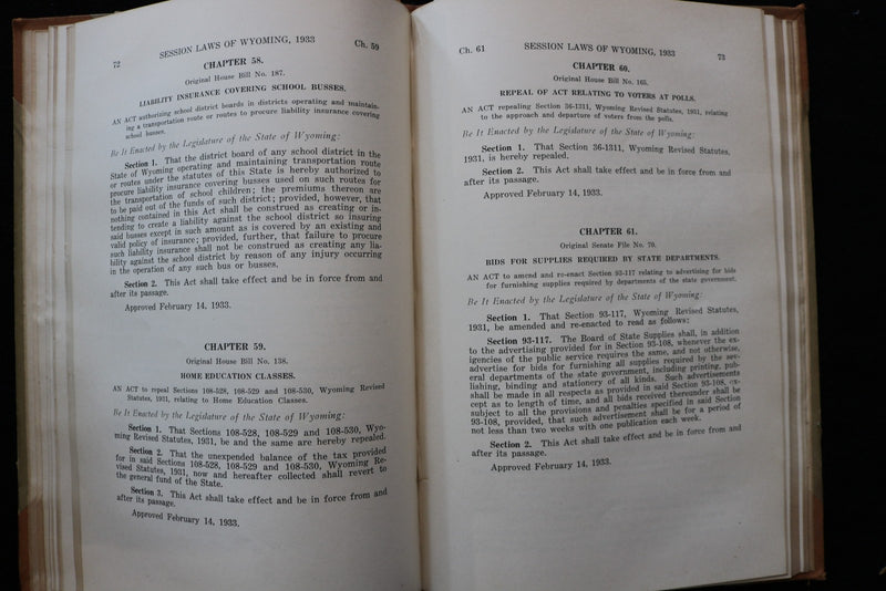 1933 SESSION LAWS OF WYOMING HARDCOVER BOOK - KD 9791