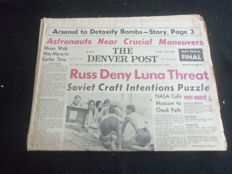 1969 JULY 18 DENVER POST NEWSPAPER - ASTRONAUTS NEAR CRUCIAL MANEUVERS - NP 5855