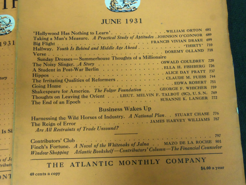 1931 THE ATLANTIC MONTHLY MAGAZINE LOT 12 ISSUES - STORIES & ARTICLES - WR 450G