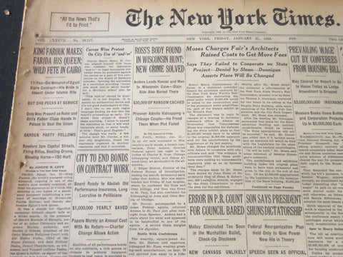 1938 JANUARY 21 NEW YORK TIMES - KING FAROUK MAKES FARIDA HIS QUEEN - NT 6276