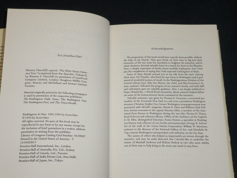 1970 WASHINGTON AT WAR HARDCOVER BOOK INSCRIBED BY SCOTT HART - D 486