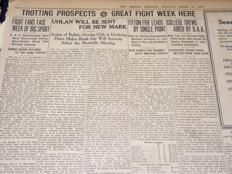 1910 APRIL 11 THE BOSTON HERALD NEWSPAPER - REULBACH IS CRITICALLY ILL - BH 400
