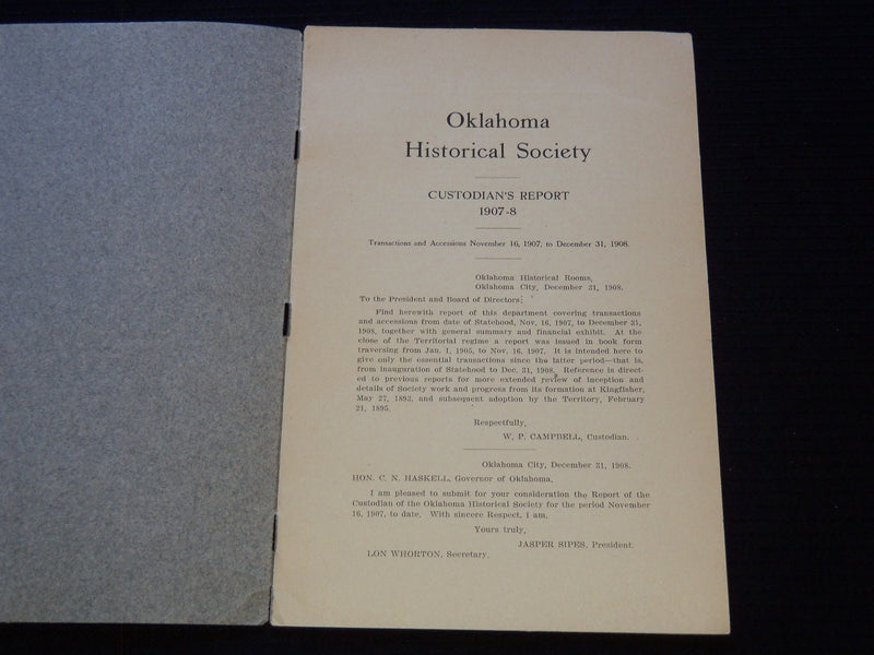 1907-1908 OKLAHOMA HISTORICAL SOCIETY CUSTODIAN'S REPORT - J 7406