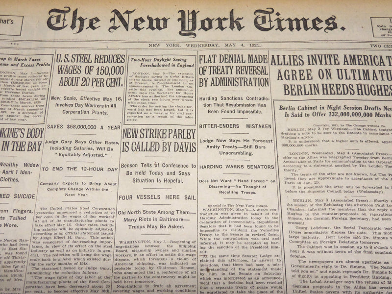 1921 MAY 4 NEW YORK TIMES - U. S. STEEL REDUCES WAGES OF 150,000 - NT 7840