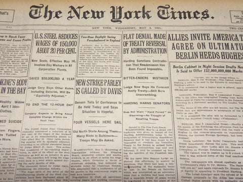 1921 MAY 4 NEW YORK TIMES - U. S. STEEL REDUCES WAGES OF 150,000 - NT 7840