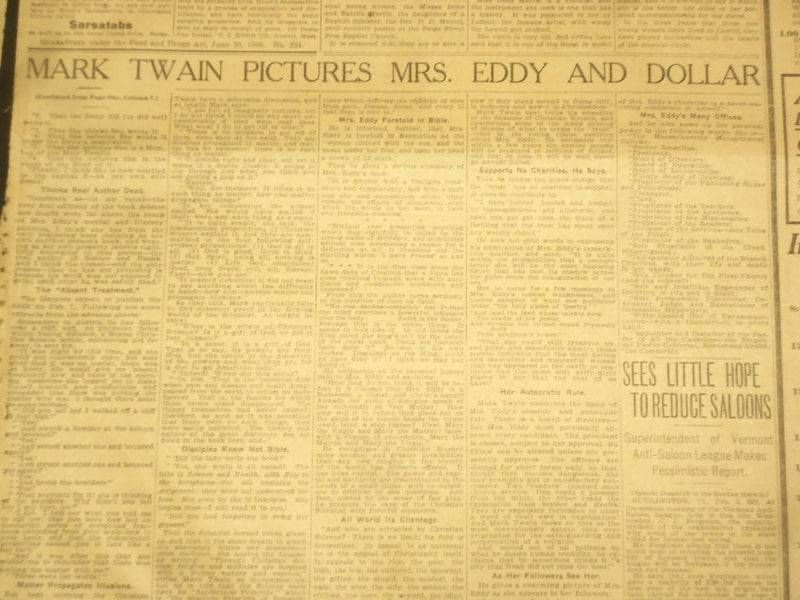 1907 FEBRUARY 3 THE BOSTON HERALD- MARK TWAIN PICTURES MRS. EDDY & DOLLAR- BH 29