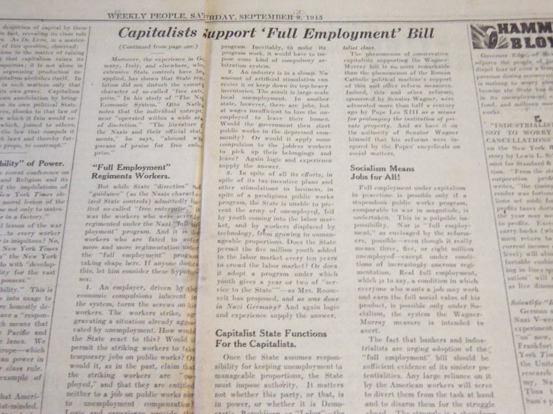 1945 SEPTEMBER 8 WEEKLY PEOPLE NEWSPAPER - SOCIALIST PARTY PAPER - NP 2413