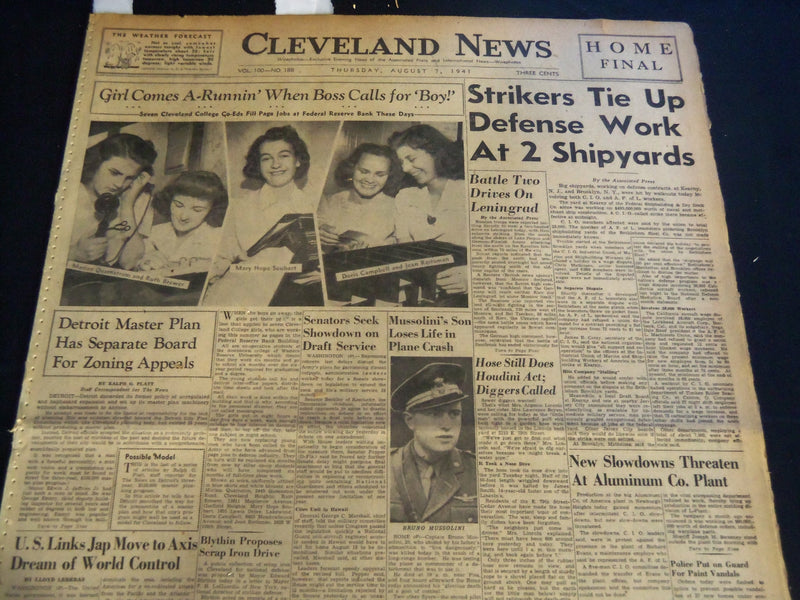1941 AUG 7 CLEVELAND NEWS NEWSPAPER - MUSSOLINI'S SON LOSES LIFE PLANE - NT 7402