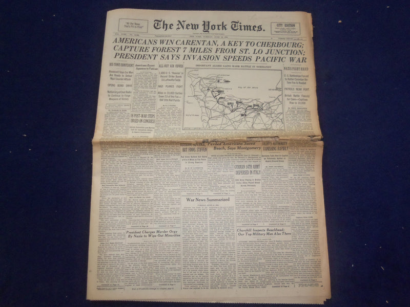 1944 JUNE 13 NEW YORK TIMES -AMERICANS WIN CARENTAN, A KEY TO CHERBOURG- NP 6566