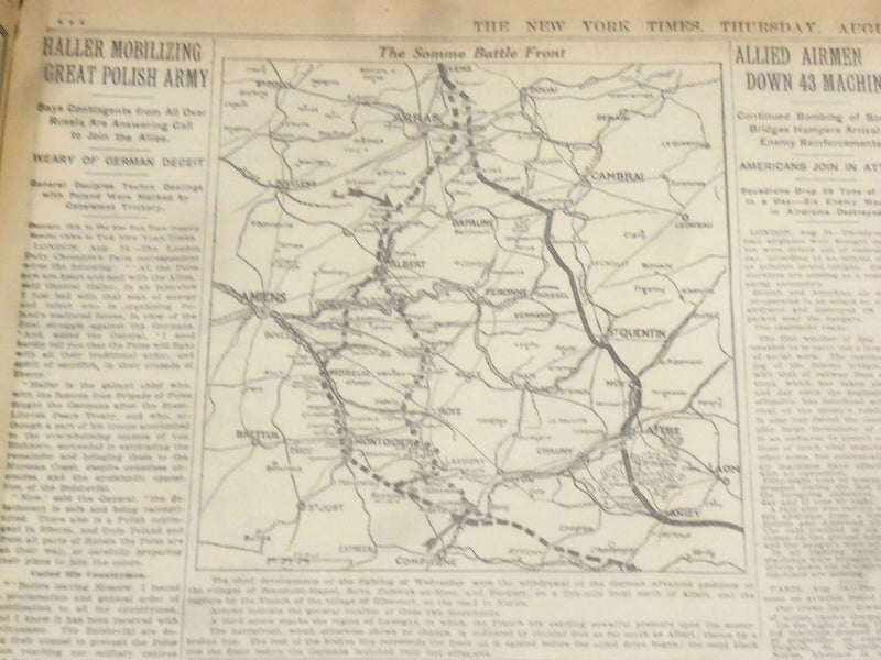 1918 AUGUST 15 NEW YORK TIMES - GERMANS FALL BACK NORTH OF ALBERT - NT 9194