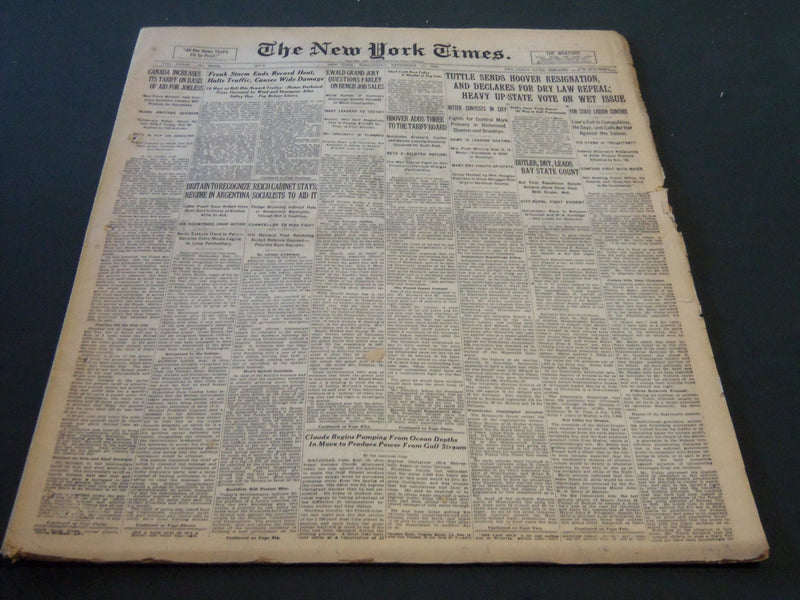 1930 SEPTEMBER 17 NEW YORK TIMES - TUTTLE SENDS HOOVER RESIGNATION - NT 5742