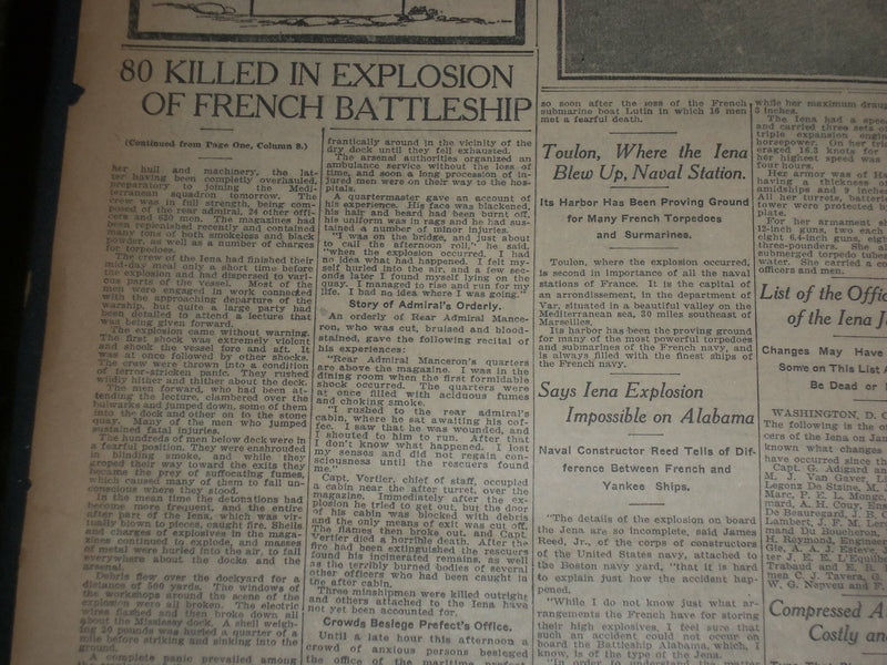 1907 MAR 13 THE BOSTON HERALD-80 KILLED IN EXPLOSION OF FRENCH BATTLESHIP -BH 10