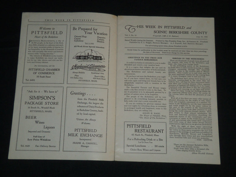 1935 AUG 30 THIS WEEK IN PITTSFIELD & SCENIC BERKSHIRE COUNTY MAGAZINE- J 4312