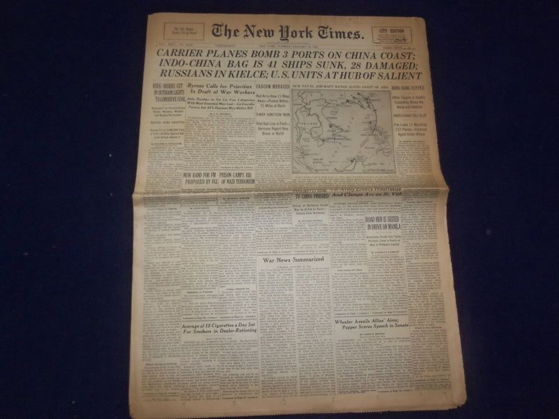 1945 JAN 16 NEW YORK TIMES - CARRIER PLANES BOMB 3 PORTS ON CHINA COAST- NP 6654