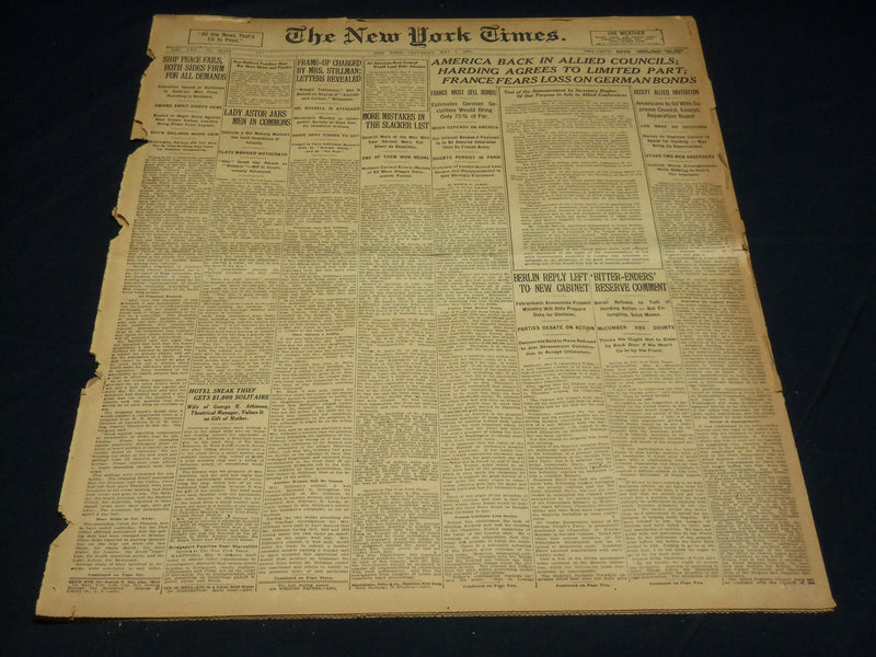 1921 MAY 7 NEW YORK TIMES NEWSPAPER - AMERICA BACK IN ALLIED COUNCILS - NT 7843