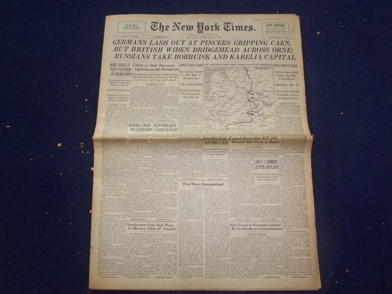 1944 JUNE 30 NEW YORK TIMES -GERMANS LASH OUT AT PINCERS GRIPPING CAEN - NP 6581