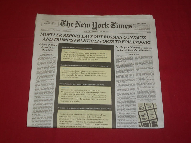 2019 APRIL 19 NEW YORK TIMES - MUELLER REPORT LAYS OUT RUSSIAN CONTACTS