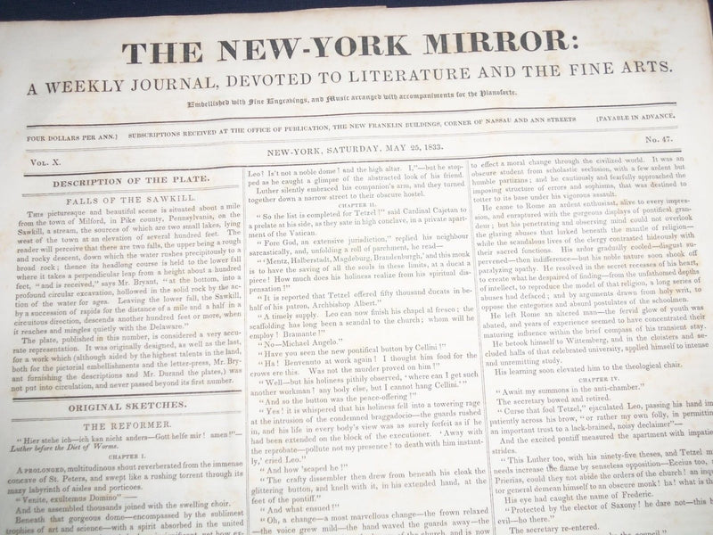 1832-1833 THE NEW YORK MIRROR NEWSPAPER LOT OF 19 - NICE ARTICLES - NP 1510