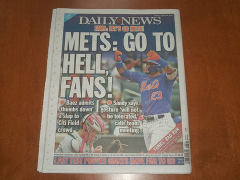 2021 AUGUST 30 NEW YORK DAILY NEWS NEWSPAPER - JAVIER BAEZ THUMBS DOWN METS FANS