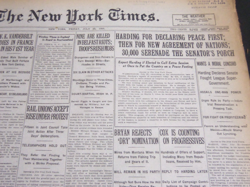 1920 JULY 23 NEW YORK TIMES - W. K. VANDERBILT DIES IN FRANCE - NT 7126