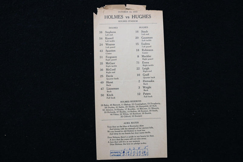 1945 OCTOBER 12 HOLMES V. HUGHES FOOTBALL LINEUP CARD - K 2847