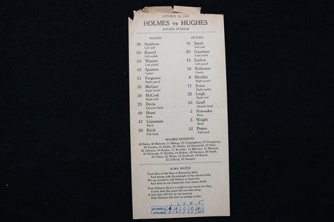 1945 OCTOBER 12 HOLMES V. HUGHES FOOTBALL LINEUP CARD - K 2847